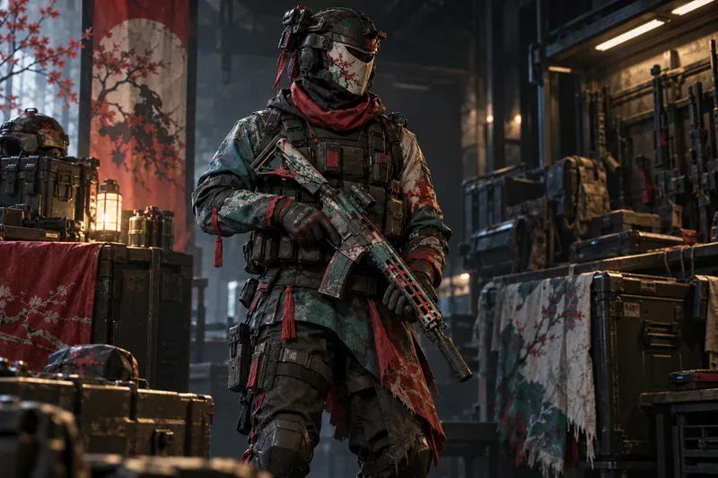 A tactical operator wears red and teal event-style gear and holds a matching rifle.