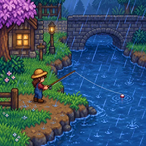 A farmer casts into a rainy river beneath a stone bridge in a small Stardew Valley-style town