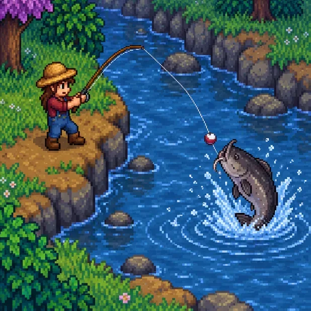 A farmer braces a fishing rod as a large catfish splashes beside the bobber in a river