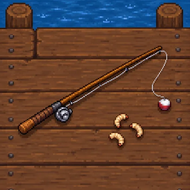 A fishing rod, a red-and-white bobber, and bait grubs arranged on a wooden dock