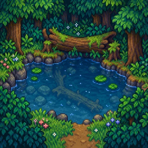 A quiet forest pond beneath a large fallen log, representing the Secret Woods fishing spot