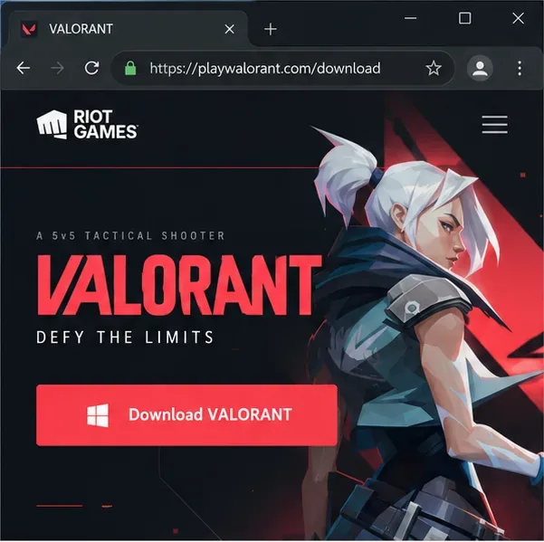 Illustrative desktop browser view of the VALORANT download page with its official playvalorant.com address and Download button