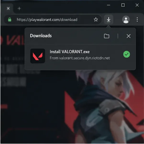Illustrative browser downloads panel showing a VALORANT installer delivered after using Riot’s official download page