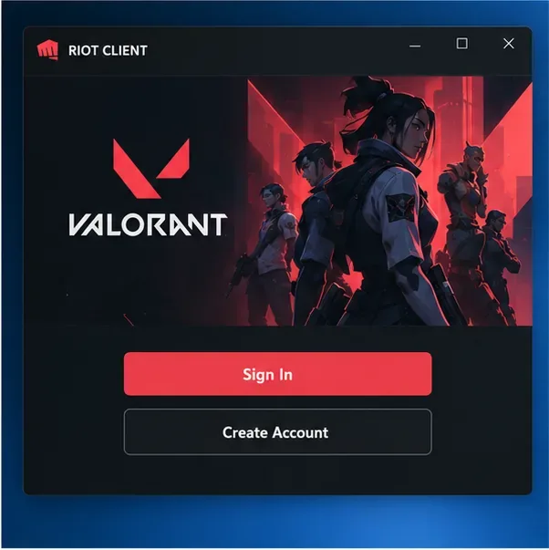 Illustrative Riot Client window showing the VALORANT tile and sign-in option