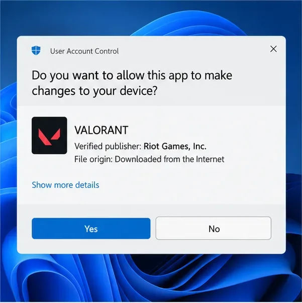 Illustrative Windows User Account Control dialog with Riot Games, Inc. shown as the publisher