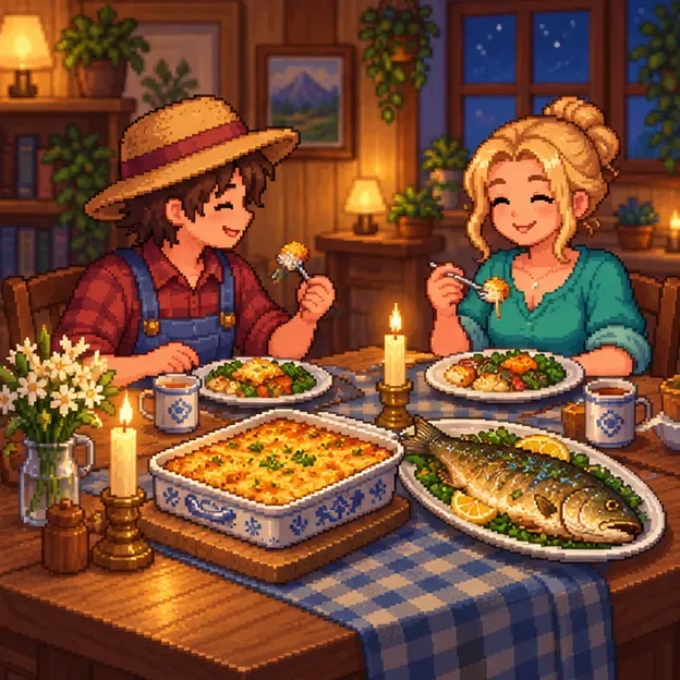 Pixel-art dinner scene with a casserole and a large fish on the table as a farmer shares a meal with a blonde woman