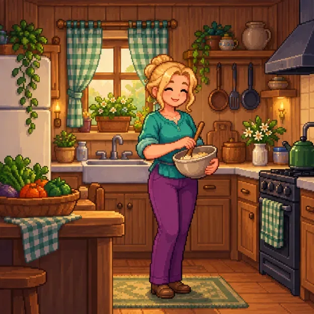 Pixel-art scene of a blonde woman in a teal blouse preparing food in a warm wooden kitchen