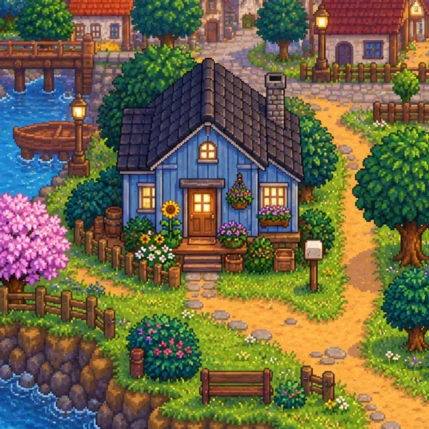 Pixel-art illustration of a blue family house beside a path near a small town’s southwest edge