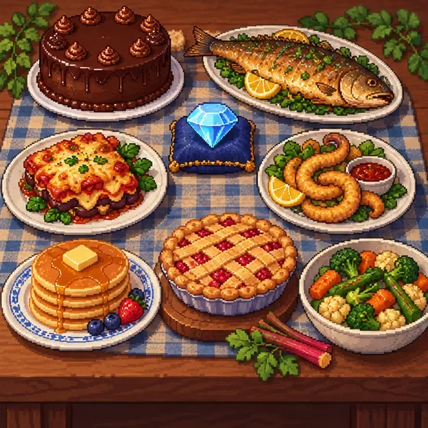 Pixel-art tabletop with chocolate cake, cooked fish, diamond, eggplant parmesan, fried eel, pancakes, rhubarb pie, and vegetable medley