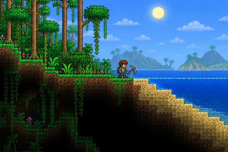Pixel-art adventurer with a pickaxe beside jungle vegetation and an ocean beach