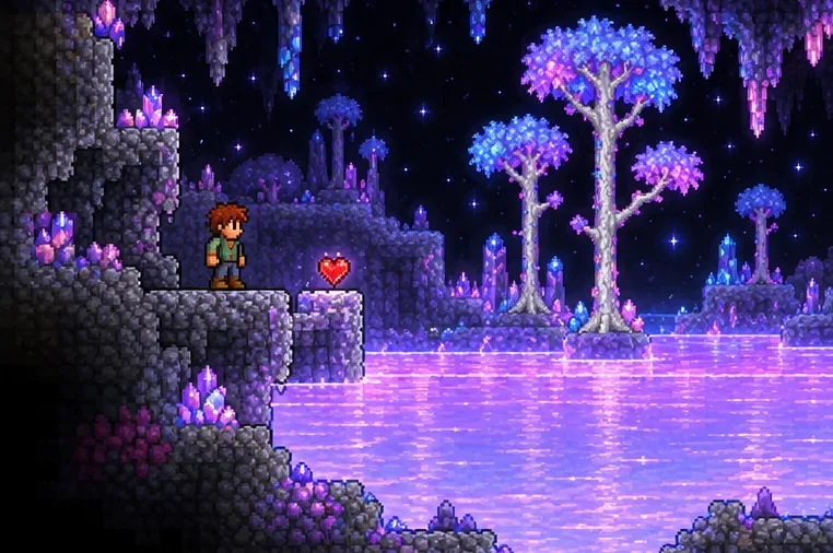 Pixel-art adventurer on a stone bank beside a Shimmer pool with a red heart-shaped crystal nearby