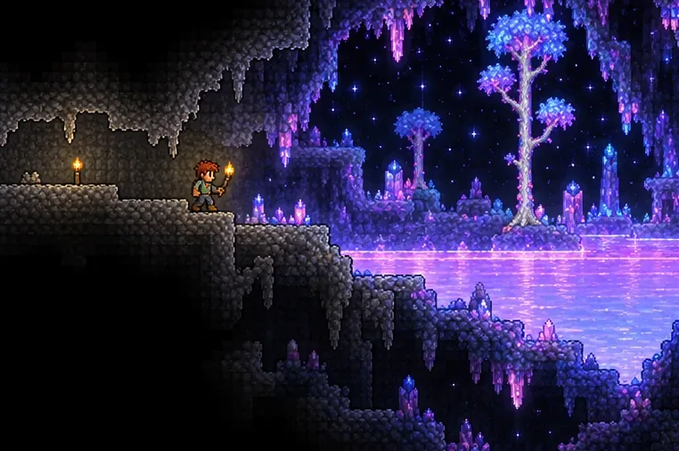 Pixel-art explorer approaching a lavender Shimmer pool through a stone tunnel with stars in the background