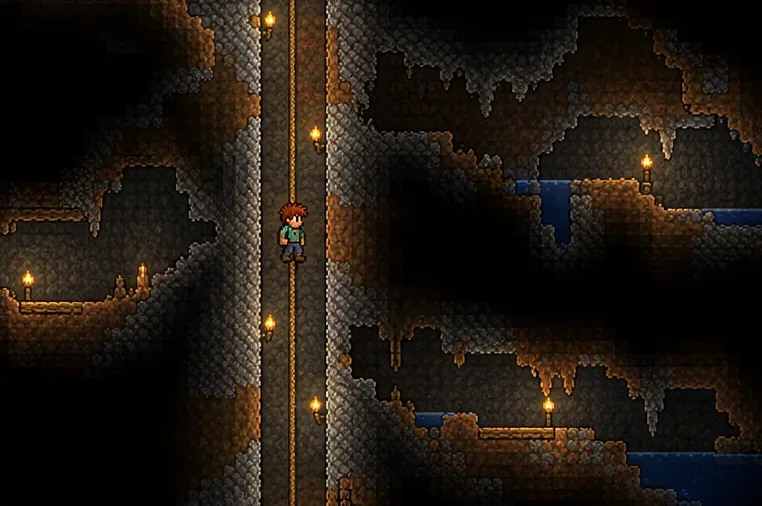 Pixel-art adventurer descending a rope in a torch-lit shaft beside branching stone caves