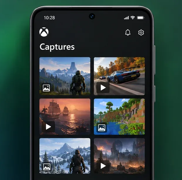 Phone displaying an Xbox-style Captures gallery with screenshot and video thumbnails.