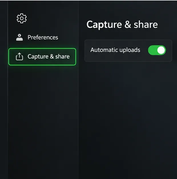 Xbox Capture & share settings panel showing Preferences and Automatic uploads enabled.