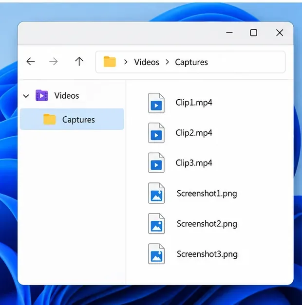 Windows File Explorer displaying Videos > Captures with MP4 clips and PNG screenshots.