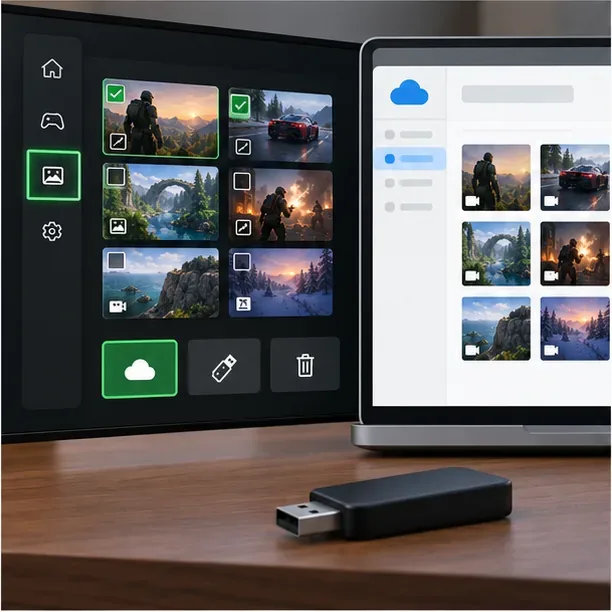 Simulação de gerenciamento de captura de console ao lado de uma janela de armazenamento em nuvem e uma unidade USB externa.