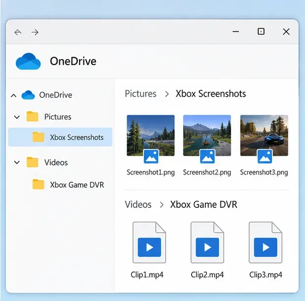 OneDrive folder view showing Pictures > Xbox Screenshots and Videos > Xbox Game DVR.
