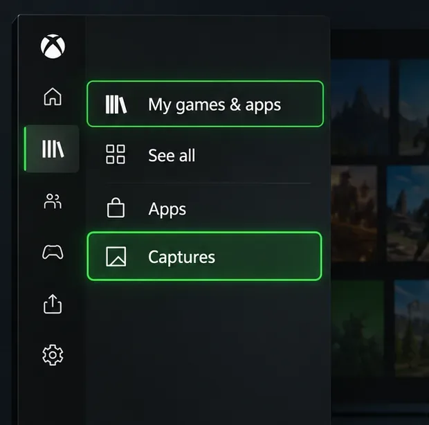 Xbox console navigation panel with My games & apps and Captures highlighted.