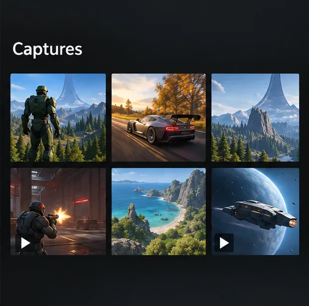 Xbox Captures library with screenshot thumbnails and video clips marked with play icons.