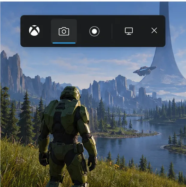 Xbox Game Bar capture overlay over a game, with screenshot and recording controls visible.