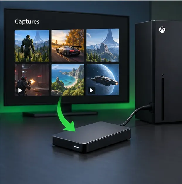 Xbox capture library beside an external USB drive with an arrow indicating backup.