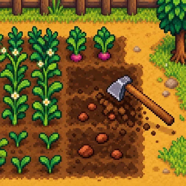 A hoe turns exposed farm soil beside crops, with several clay pieces in the furrow.
