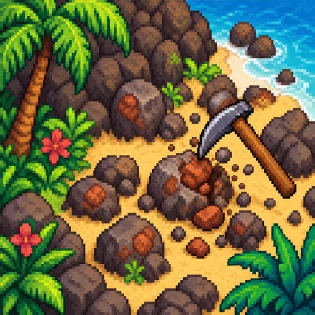 A pickaxe breaks a reddish clay node among rocky outcrops on a tropical island.