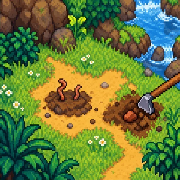A hoe uncovers a brown artifact spot with worm-like stems on a grassy path; a clay piece lies beside the dug tile.