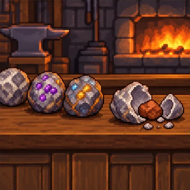 Several geodes sit on a blacksmith counter beside a broken geode and a clay piece.