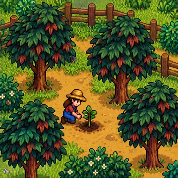 A farmer planting a small sapling among mature dark-leaved trees in a fenced farm grove.