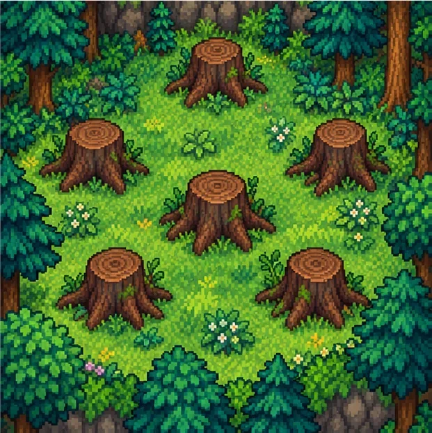 Six large stumps in a green woodland clearing surrounded by trees.