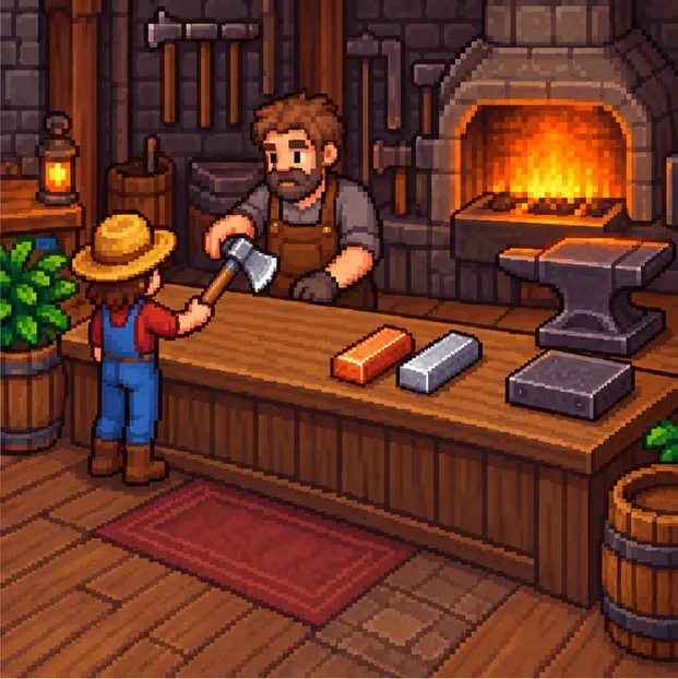 A farmer at a blacksmith counter with an upgraded axe and copper and iron bars on the counter.
