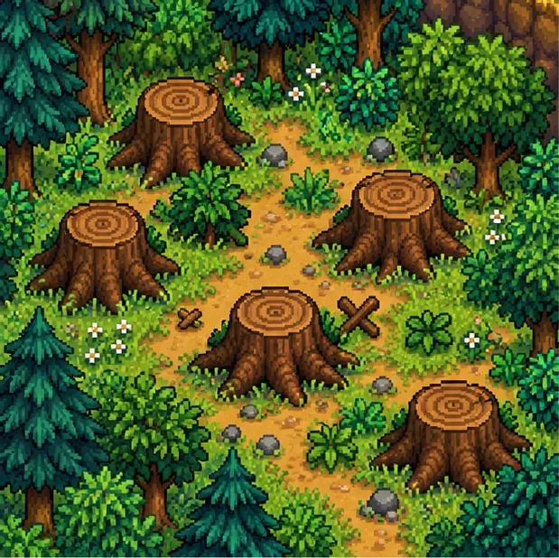 Large stumps scattered through a wooded farm clearing with grass and trees.