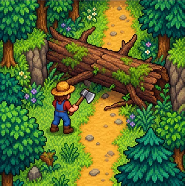A farmer holding an axe beside a fallen log that blocks a narrow woodland path.