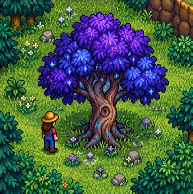 A farmer standing beside a large tree with a bright purple and blue canopy in a grassy clearing.