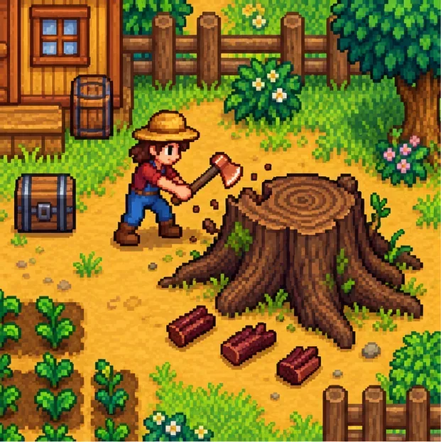 A farmer chopping a large stump on a farm as hardwood pieces drop onto the ground.