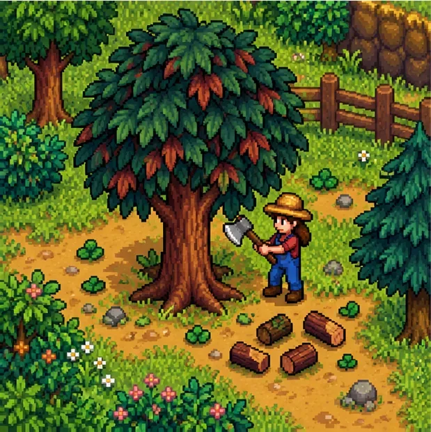 A farmer chopping a mature mahogany tree with several hardwood logs on the ground.