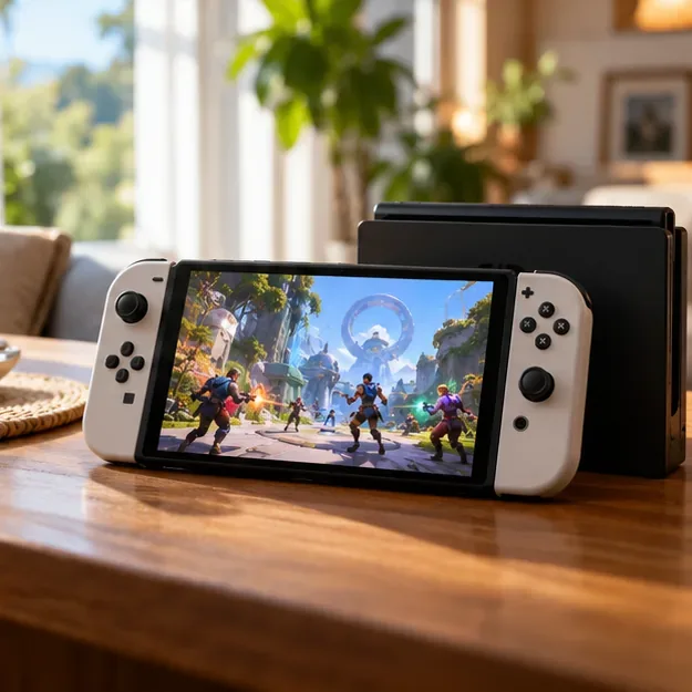 Um console híbrido portátil com controles laterais destacáveis repousa ao lado de sua base em uma mesa ensolarada.