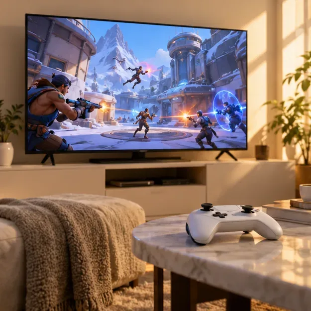 Um controle de videogame branco em frente a uma televisão exibindo uma cena colorida de um jogo de tiro em equipe em uma sala de estar iluminada.