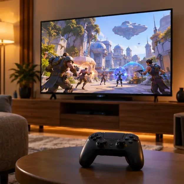 Uma televisão na sala de estar exibindo uma cena colorida de um jogo de tiro em equipe, acima de um controle de videogame escuro em cima de uma mesa de centro.