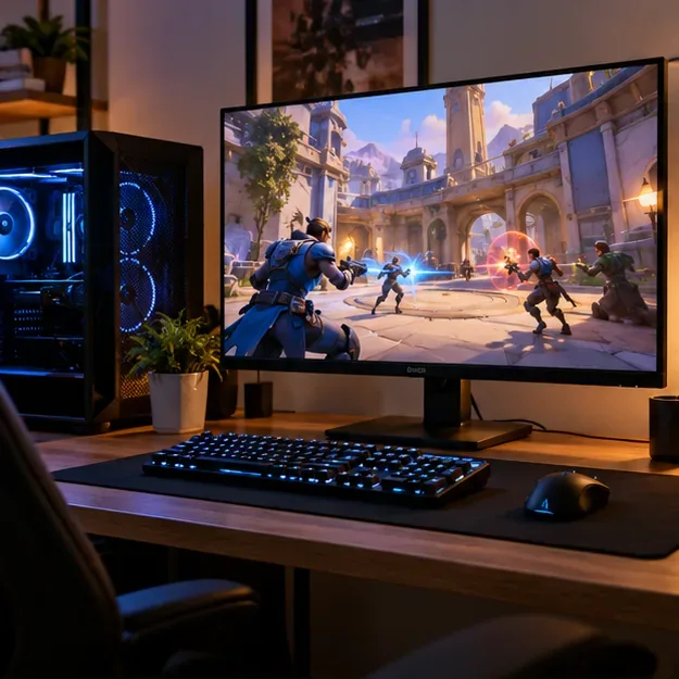 Um computador de mesa para jogos ao lado de um monitor exibindo uma cena colorida de um jogo de tiro em equipe, com um teclado e um mouse sobre a mesa.