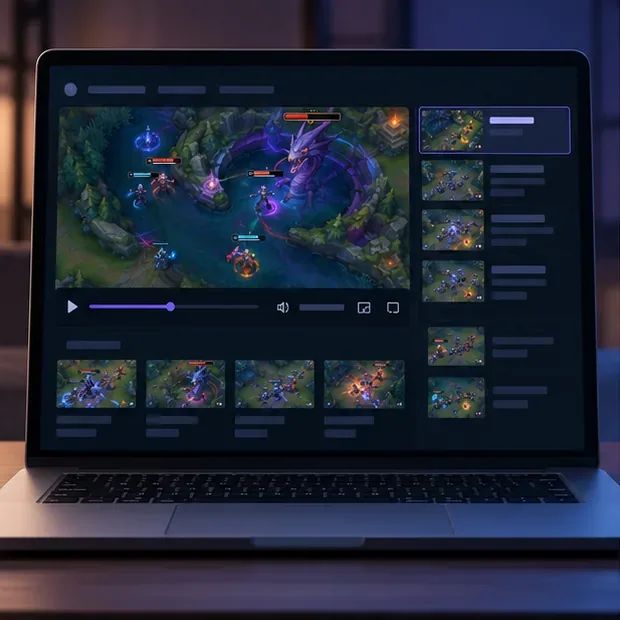 Tela de laptop exibindo um reprodutor de replays de e-sports, uma linha do tempo e uma fileira de miniaturas de replays de partidas.