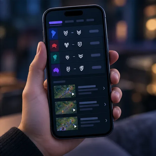 Mão segurando um smartphone com uma programação de eSports e três cartões de replay na tela.