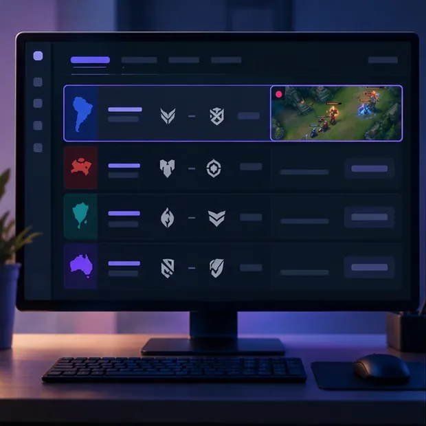 Monitor de computador exibindo várias linhas de partidas de esports e uma prévia de uma partida ao vivo selecionada.
