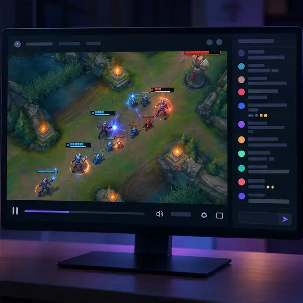 Um reprodutor de streaming de esports para desktop em tamanho grande exibe uma batalha de equipes com visão de cima para baixo, com uma coluna de bate-papo compacta à direita.