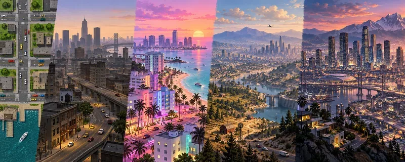 Cinco perspectivas urbanas interligadas transitam de uma malha viária aérea para uma cidade em 3D primitiva, uma orla marítima iluminada por néon, uma área rural e um horizonte moderno.