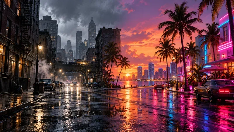 Uma rua de tijolos escurecida pela chuva dá lugar a um bulevar costeiro ladeado por palmeiras e iluminado por luzes de néon ao pôr do sol.
