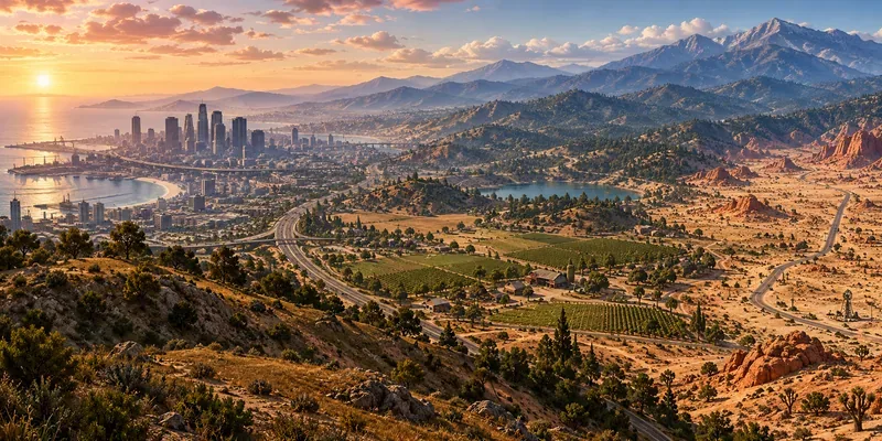 Uma cidade costeira fictícia, terras agrícolas, deserto, rodovia rural e sopés de montanhas compartilham uma vasta paisagem.