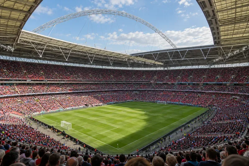 Wide view across Wembley Stadium’s seating bowl toward the football pitch and roof arch